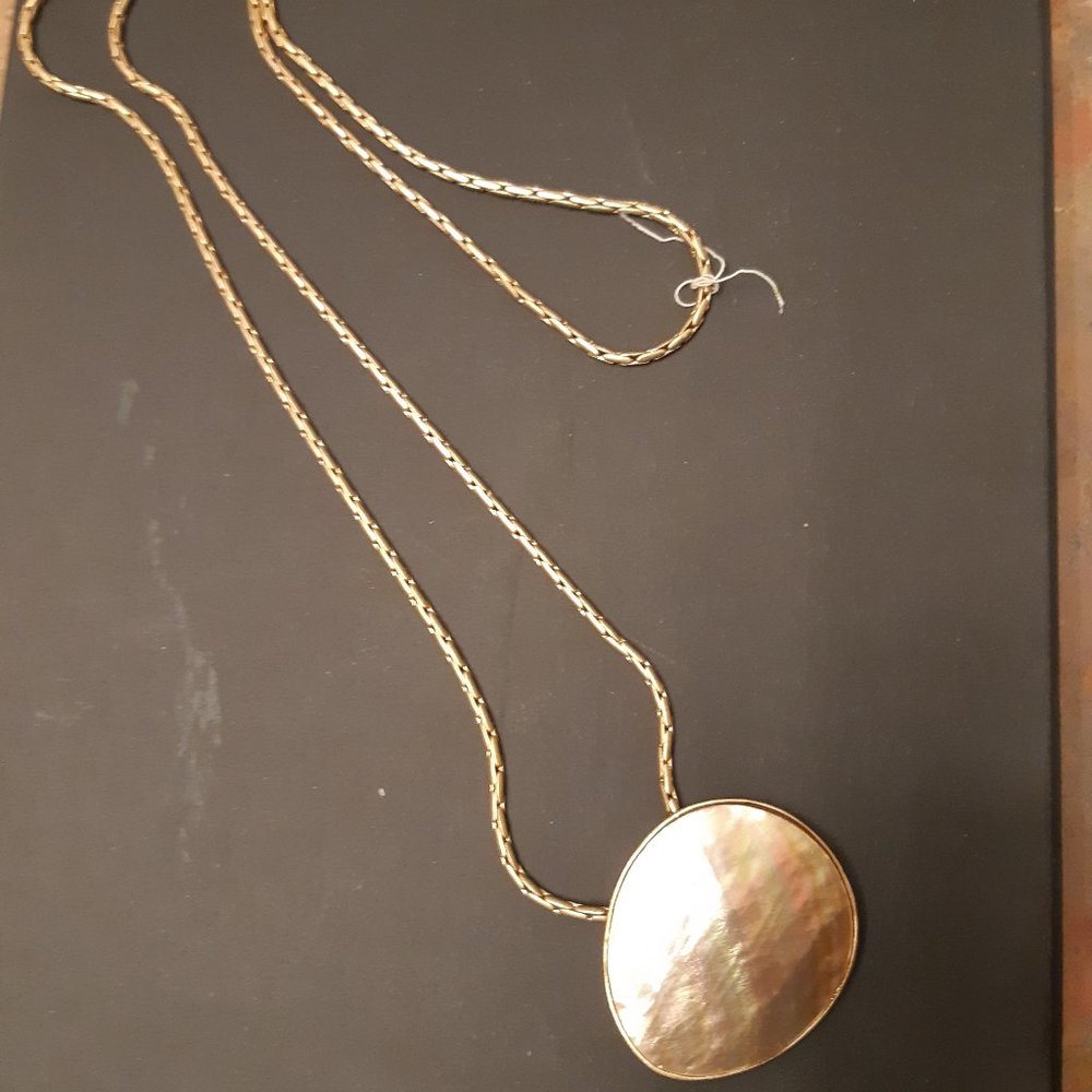 Mother Of Pearl Necklace With Gold Coloured Long Chain Very Chic and Unique.